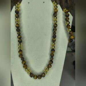 Men's Tiger 🐯 Eye & Gold Plated Hematite Gemstones Necklace & Bracelet Set